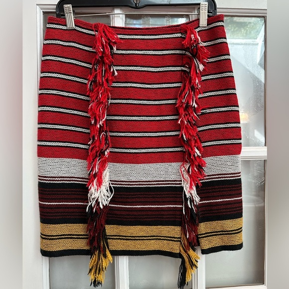 W by Worth Burgundy Gold Striped Fringe Skirt Boho Aztec Western Size 4 Small S - Picture 1 of 12
